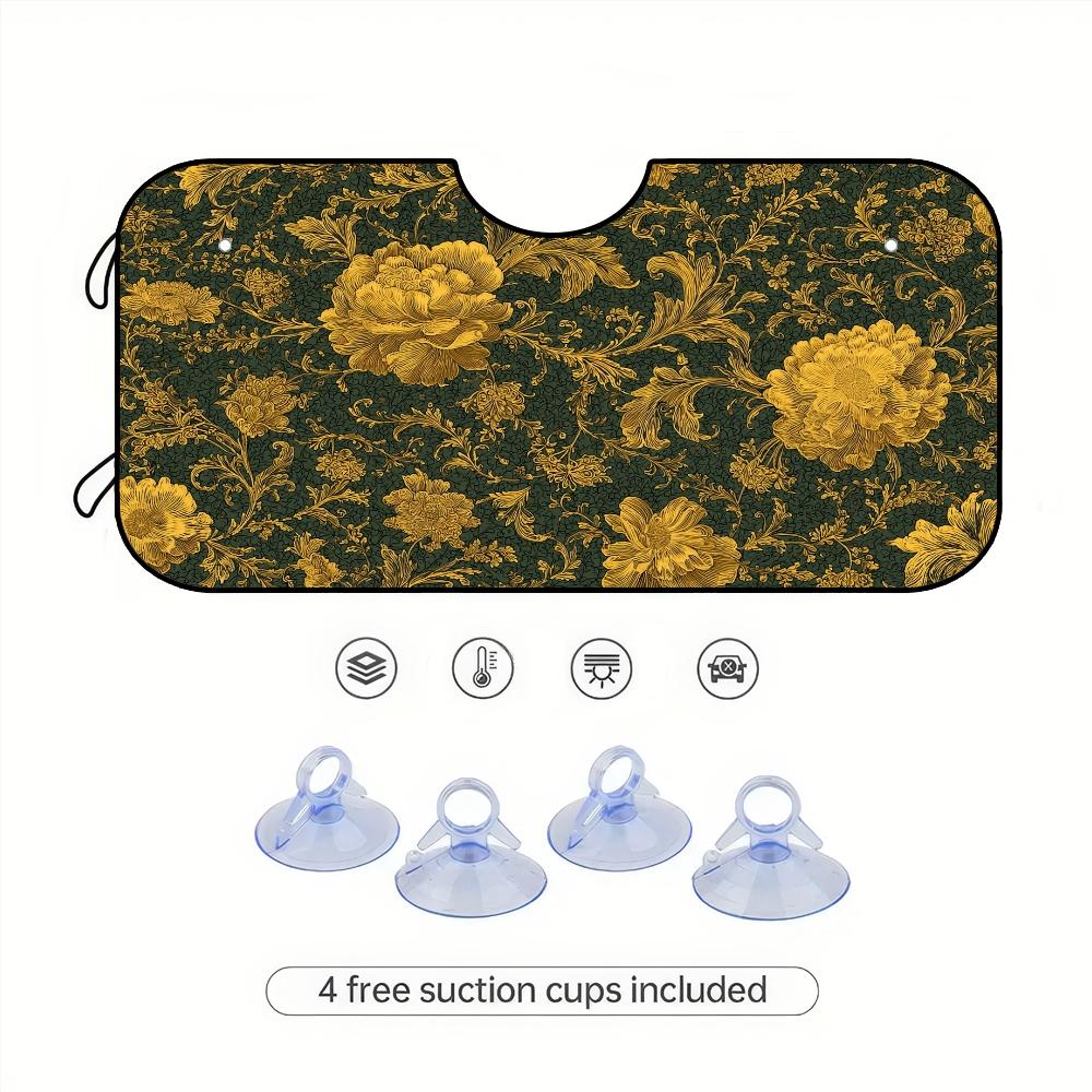 1pc, Golden Floral Elegance Pattern Car Windshield Sunshade, Compact Folding Sun Visor for Front Windshield, Ensures Comfort During Long Drives and Weekend Parking