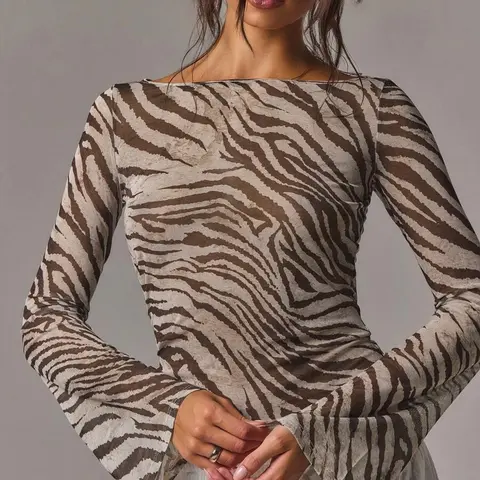 Women's Sexy Zebra Print Mesh Bell Sleeve Slim Fit Top, Casual Long Sleeve T-Shirt for All Seasons, Y2K Halloween