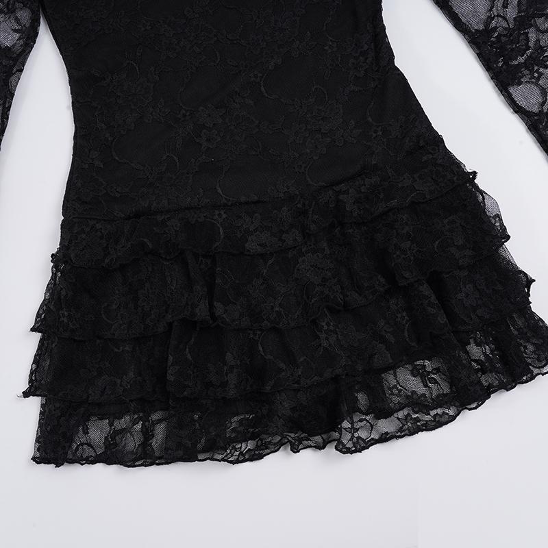 Elegant Lace Mini Dress for Women, Sexy Polka Dot Split Thigh Design, Slim-Fitting A-Line Cake Skirt, Sleeveless Gothic Style