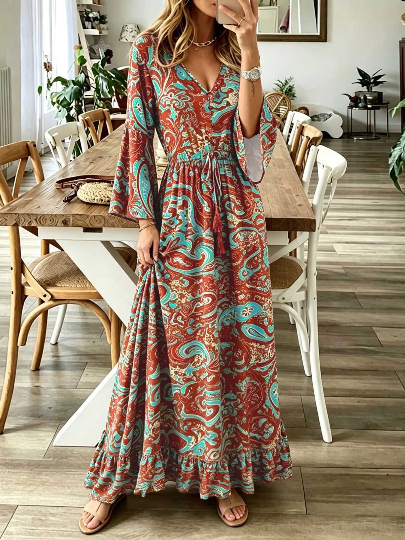 Minimalist Paisley Bohemian Long Dress, Relax Fit V-Neck Bell Sleeve Sundress, Easy Wear For Coffee Runs Weekend Errands