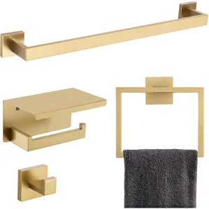 Brushed Gold 4-Piece Premium Stainless Steel Wall Mounted Bathroom Hardware Set Includes Towel Bar Holder and Toilet Paper Holder with Shelf