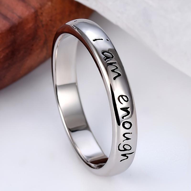 Women's Stainless Steel "I Am Enough" Inspirational Engraved Round Band Ring, Plain Simple Elegant Metal-Coated Fashion Jewelry, Multi-Size Band Rings for Casual Wear
