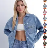 【Black Friday】Women's Relaxed-Fit Denim Jacket, Long-Sleeve Drop-Shoulder Button-Front Jean Jacket with Chest Pocket and Curved Hem #GLOBAL PICKS