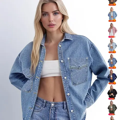 【Black Friday】Women's Relaxed-Fit Denim Jacket, Long-Sleeve Drop-Shoulder Button-Front Jean Jacket with Chest Pocket and Curved Hem #GLOBAL PICKS