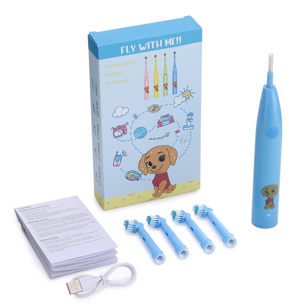 Rotating Childrens Electric Toothbrush, Rechargeable Toothbrush, 5 Speed Settings, Cartoon Kids Teeth Cleaning Brush with 4 Replacement Heads