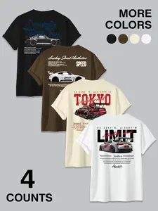 Streetwear Hip-Hop Style Car Print Short Sleeve T-Shirt, Japanese Racing Culture Loose Fit Multicolor Top, Casual Summer Apparel Menswear