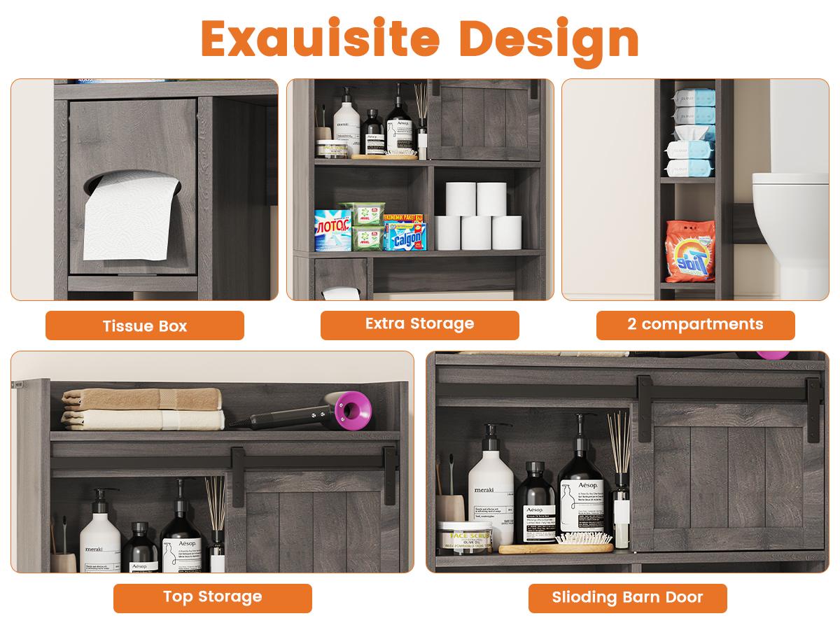 Over-The-Toilet Storage Cabinet with Sliding Door & Toilet Paper Holder Stand, Bathroom Organizer with Side Storage for Restroom