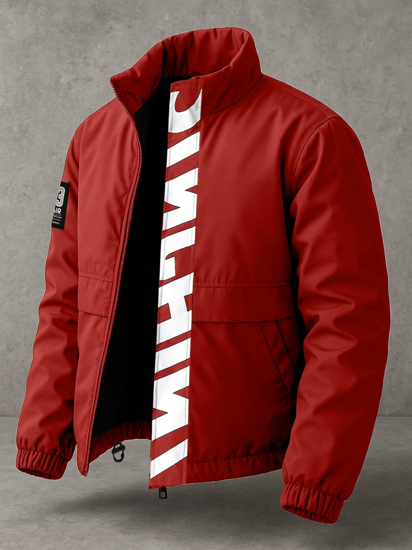 Men's Casual Workwear Zipper Jacket, Windproof Anti-Wrinkle Fabric, Stand Collar, Practical Pockets, Fashion Letter Print, Loose Fit