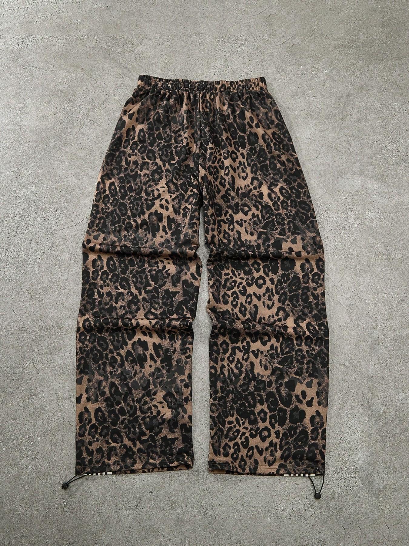 Y2K Leopard Print Track Pants with White Stripes, Streetwear Baggy Sweatpants for Men/Women, Elastic Waist Drawstring Casual Trousers, Retro 90s Hip Hop Fashion, Loose Fit Joggers for Street Style, TikTok Viral Aesthetic, Comfortable Soft Fabric,