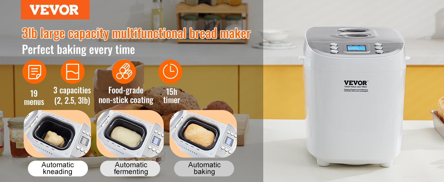 VEVOR Bread Maker, 15-in-1 3LB Dough Machine, Nonstick Ceramic Pan Automatic Breadmaker with Gluten Free Setting, Whole Wheat Bread Making, Digital, Programmable, 3 Loaf Sizes, 3 Crust Colors, White VEVOR Bread Maker, 15-in-1 3LB Dough Machine, Nonstick Ceramic Pan Automatic Breadmaker with Gluten Free Setting, Whole Wheat Bread Making, Digital, Programmable, 3 Loaf Sizes, 3 Crust Colors, White