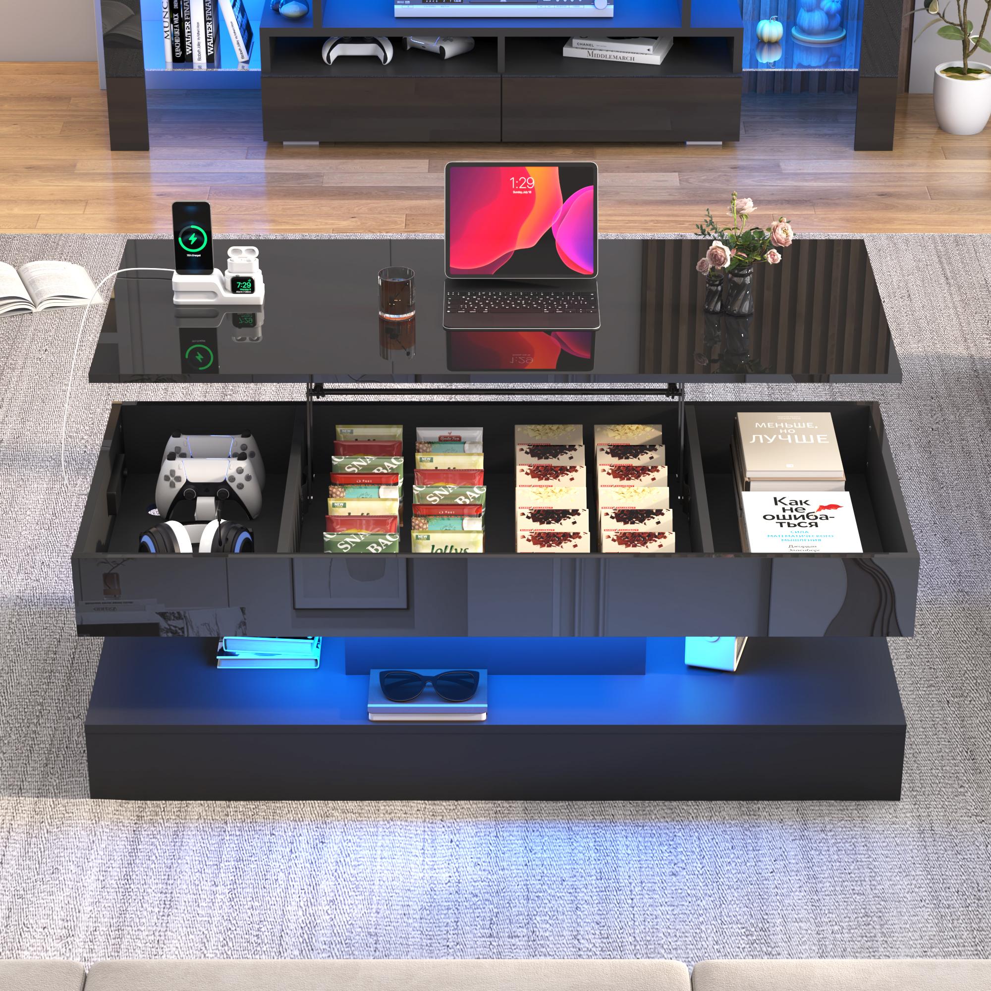 39.4"/47.2" Large Lift Top Coffee Table,Modern High Glossy LED Coffee Tables for Living Room with Storage,Black Living Room Tables for Living Room,Dining Room,Bedroom Home Office,APP LED Lights（Black/white）
