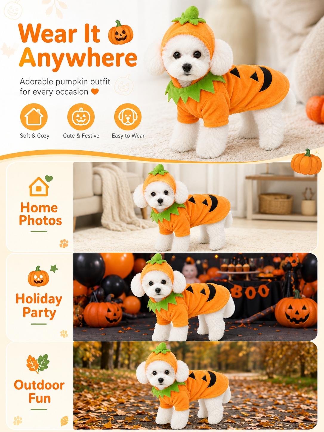 Cute Halloween Pet Pumpkin Costume, Animal Costume, Warm Fall Winter Coat for Dogs Cats, Hooded Cape, Soft Plush, Easy on Off, Festive Photo Prop