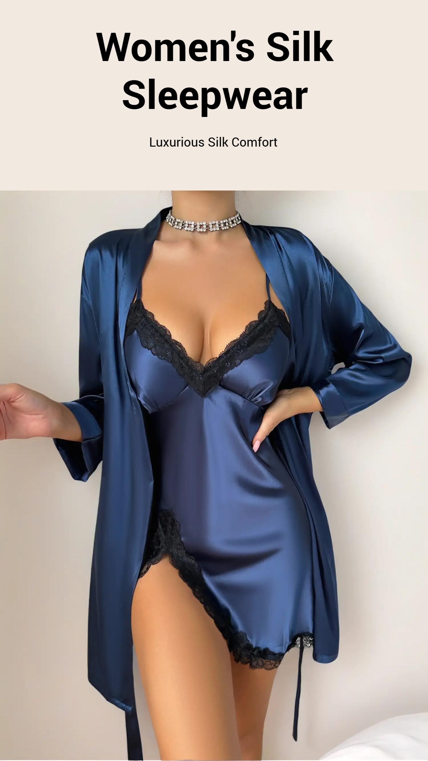 Two-piece Set Women's Solid Belted Satin Robe & Contrast Lace Split Thigh Cami Nightdress, Elegant Comfy Drop Shoulder Long Sleeve Robe & Cami Nightdress Pj Set, Women's Sleepwear for Spring & Fall