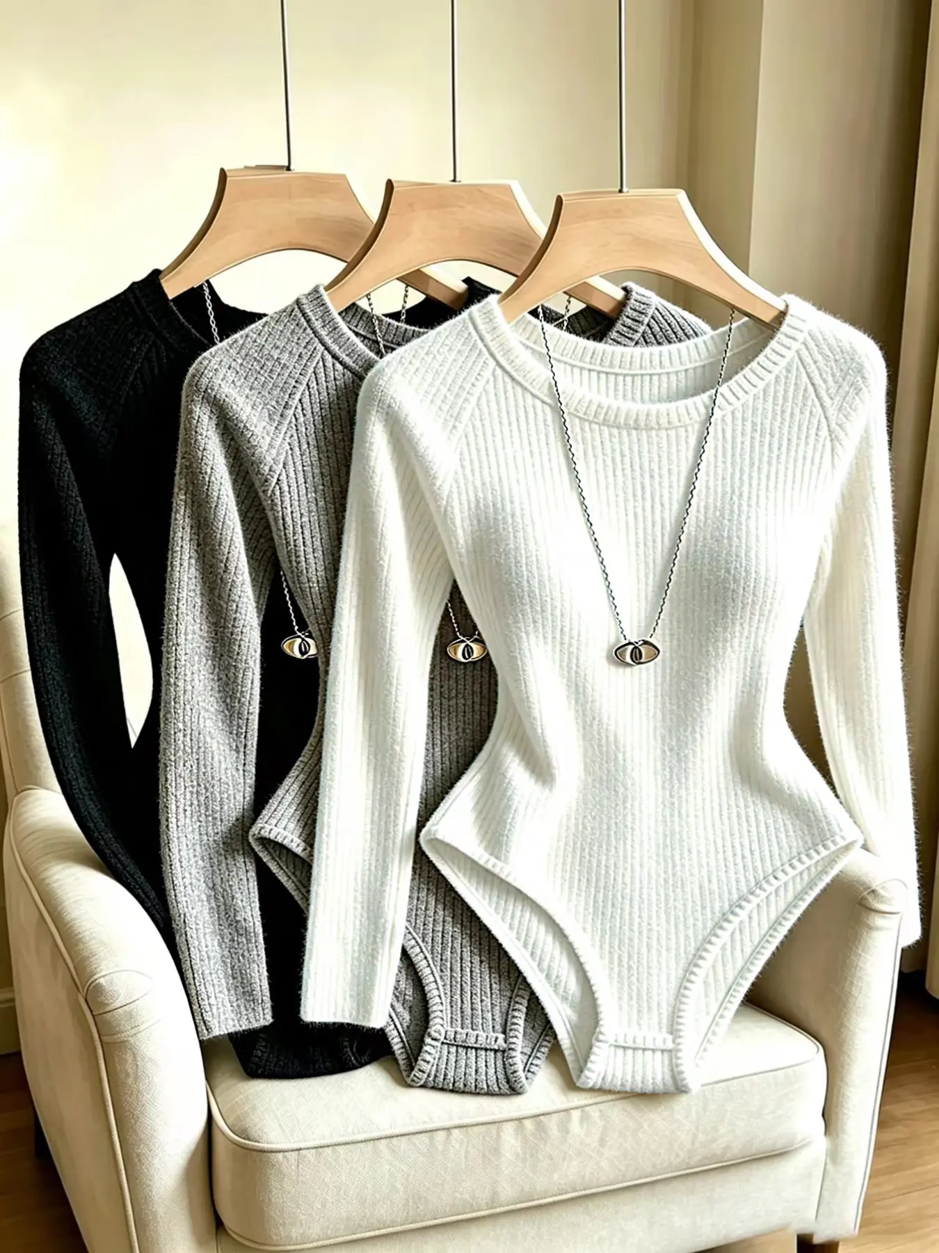 Elegant Women's Ribbed Brushed Long Sleeve Romper, High Elasticity Bullhorn Long Sleeve Round Neck Romper, Essential Fall Winter