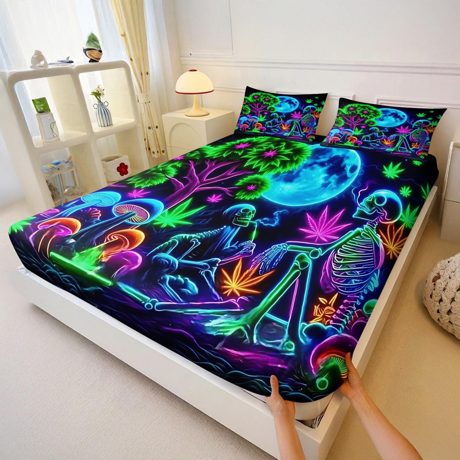 3pcs Psychedelic Fluorescent Skull Alien Pattern Fitted Sheet Set, Skull Fantasy Forest Full Moon Element Bedding Set. With Bright and Bold Colors.Made of Soft Microfiber Material, Includes 2 Pillowcases, Not Include Pillow Inserts, Bed Sheets