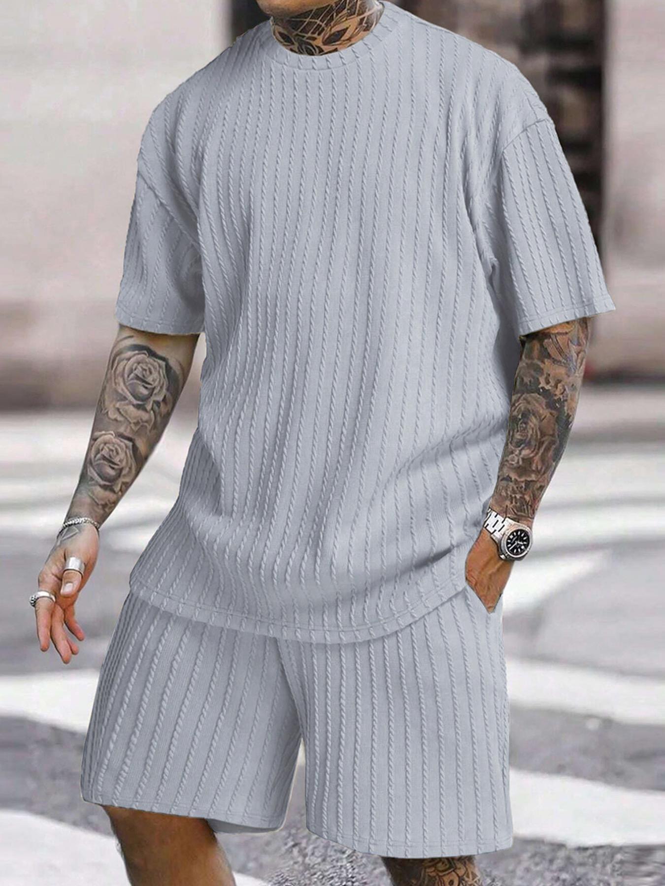 Men’s Streetwear 2-Piece Set – Soft Textured Knit Oversized Tee & Drawstring Shorts, Casual Summer Outfit