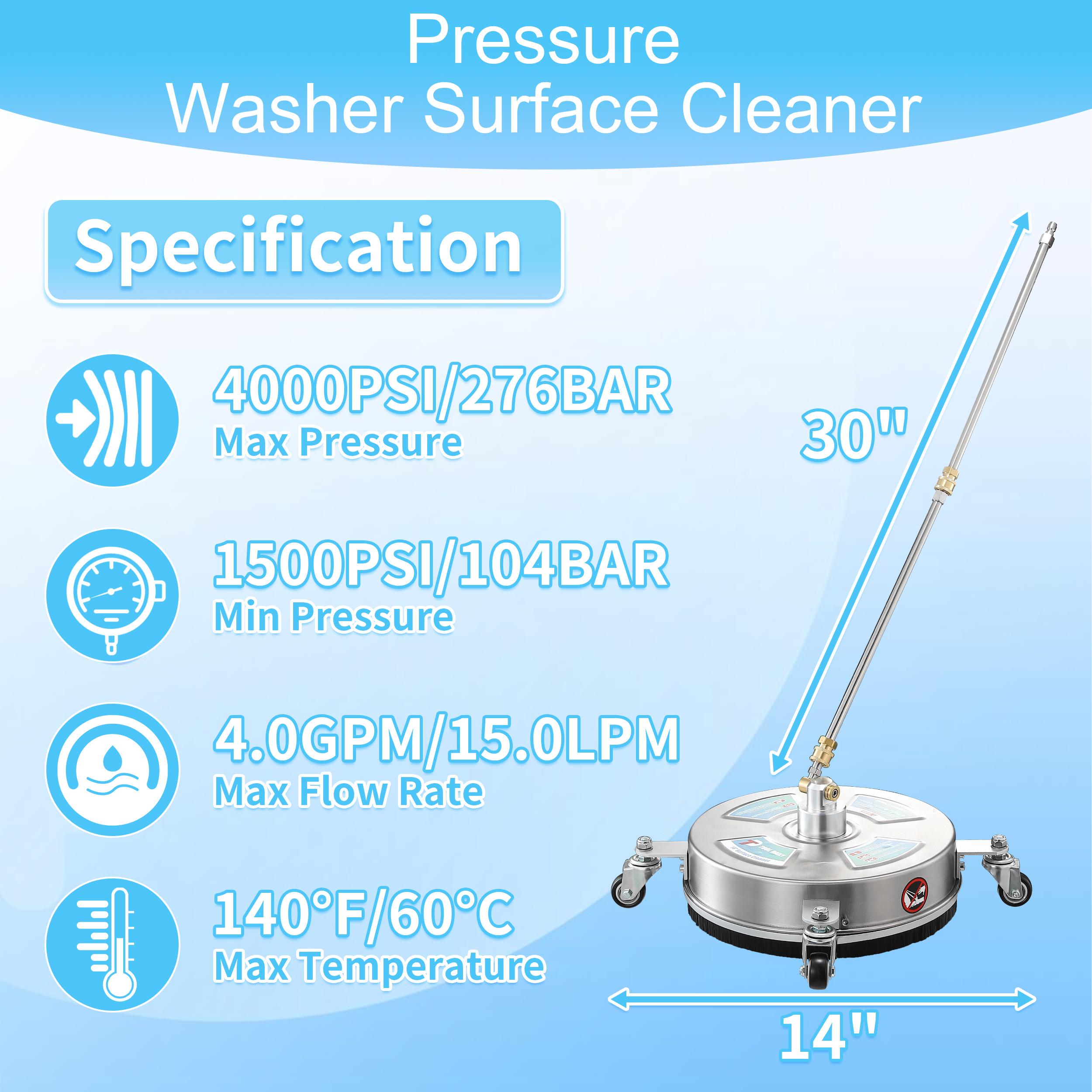 Tool Daily 14” Pressure Washer Surface Cleaner, Stainless Steel Driveway Power Washer Attachment with 4 Wheels, 2 Extension Wands, 4000 PSI，Christmas gifts