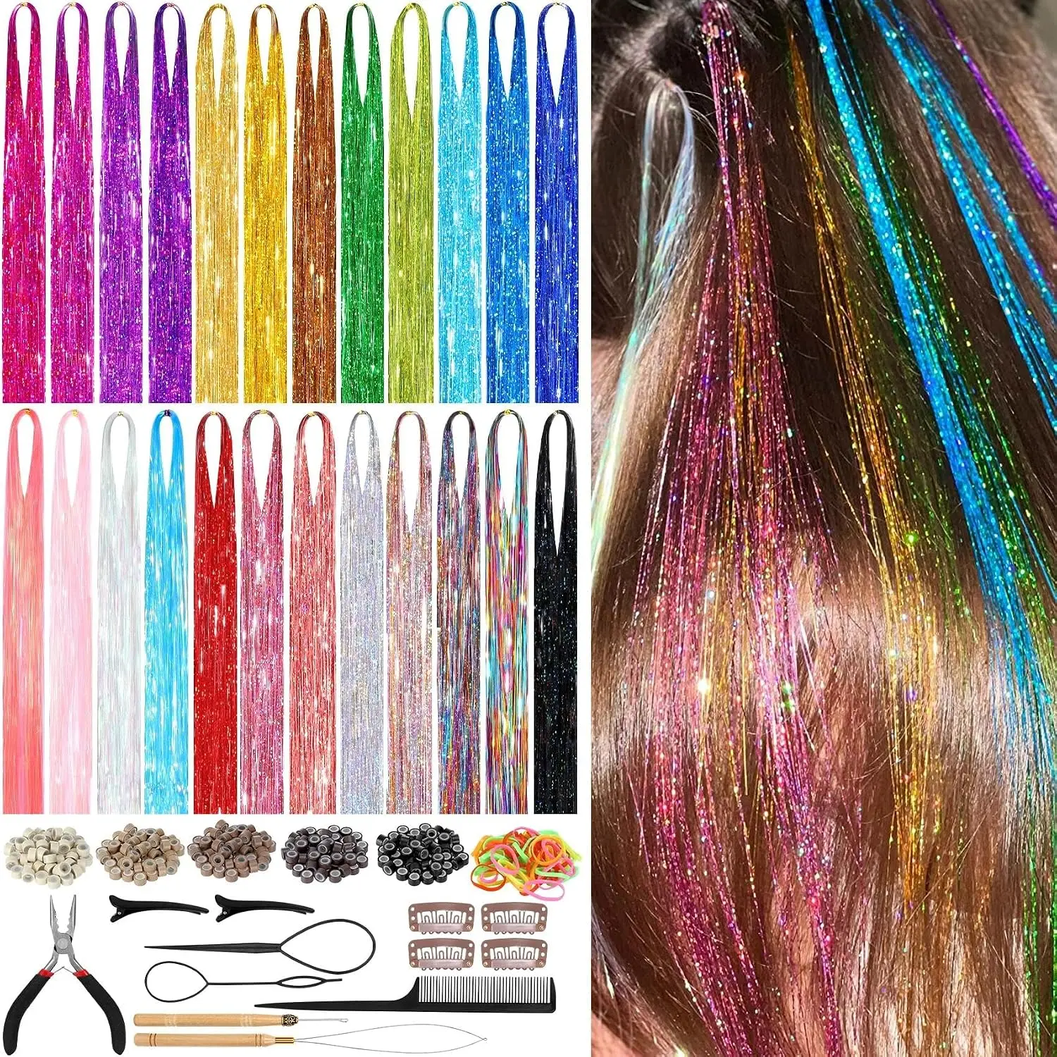8400 STRANDS Hair Tinsel Kit for Girls, 24 Colors 48 Inches Fairy Hair Tinsel Kit Heat Resistance Colorful Glitter Hair Extensions with Tools for Party Concert