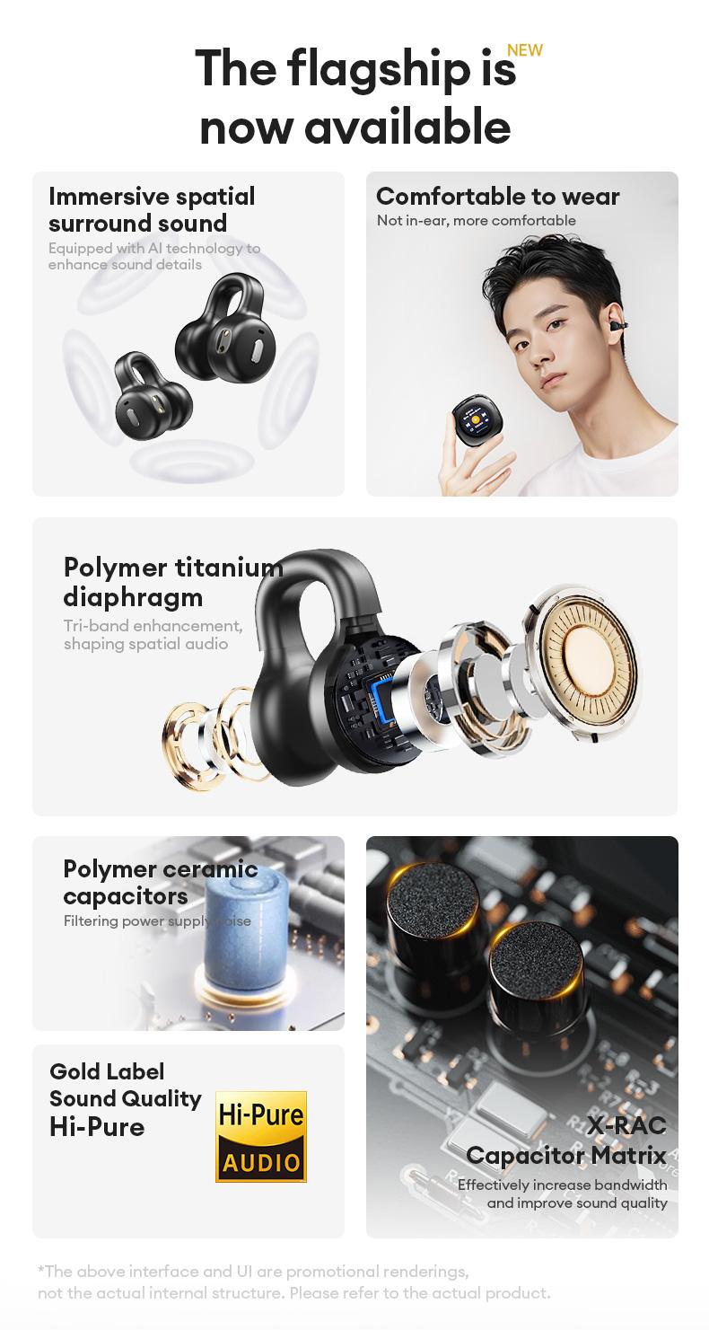 HYUNDAI CT11 Clip-on Design BlueTooth Earphone with LCD Full Color Touch Screen, Audio Wireless Headphones for Music & Phone Calls