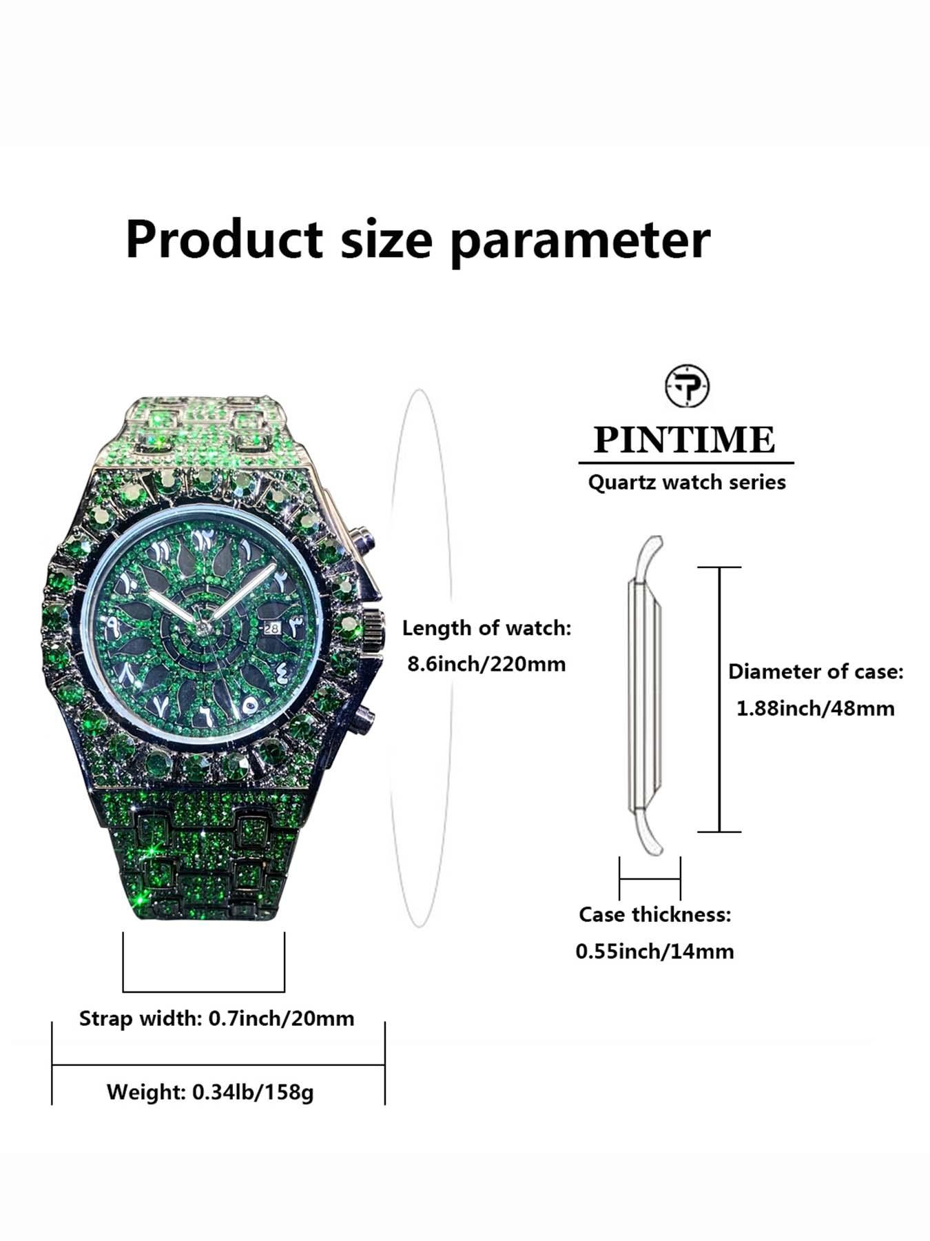 Men's Quartz Watch with Rhinestones, Luxury Ice-Dial Hip-Hop Watch with Full Artificial Water Diamonds, Rhinestone Decorated Watch, Fashionable Stylish Watch