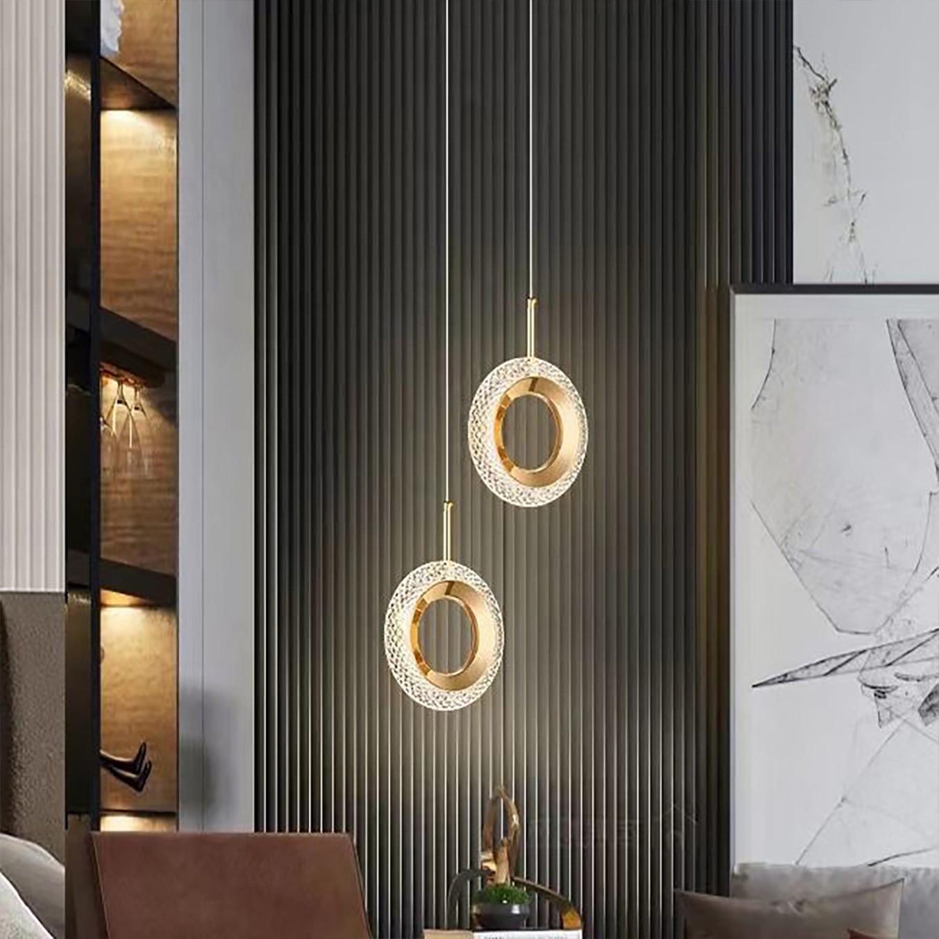 Modern Pendant Light, Dual Ring Circular Design, Acrylic Shade, LED Three-Color Switchable, Ideal for Kitchen Island, Dining Room, Bedroom