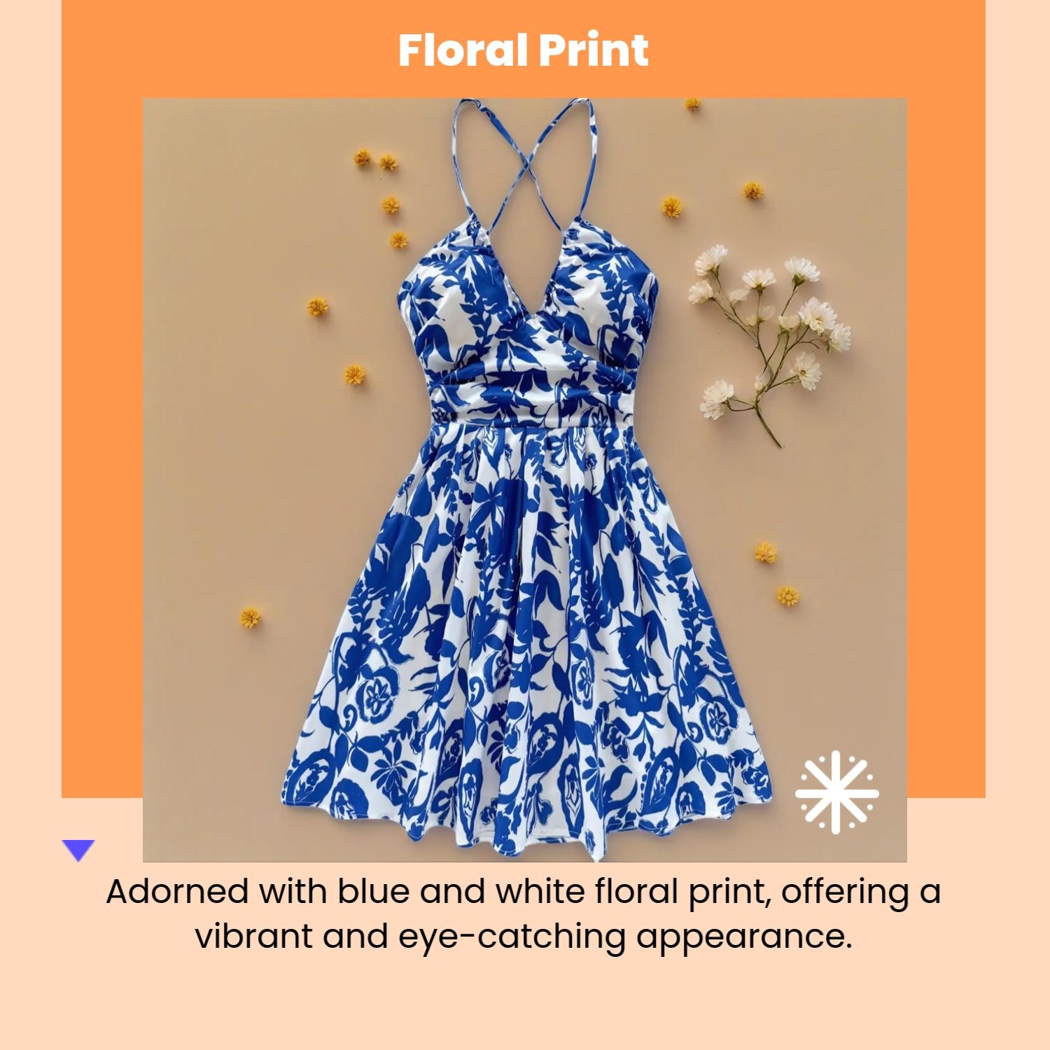 Women's Vacation-Style Blue & White Floral Print Deep V-Neck Backless Bowknot Back Ruffle Hem Dress, Suitable For Weddings, Graduations, Back To School, Cute Lunch, Sexy Bachelorette, Summer