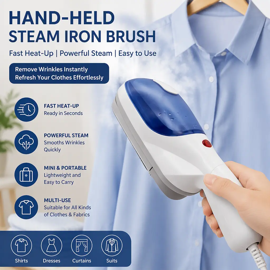 Hand‑Held Multi‑Function Steam Iron Brush, Compact Portable Garment Steamer, Efficient Wrinkle Remover for Shirts, Coats, Dresses