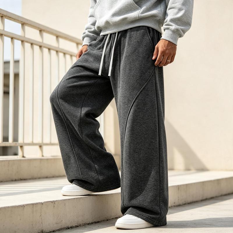 Men's Wide Leg Sports Pants, Comfortable Seam Pants, Drawstring Controlled Elastic Waist Circumference, Soft and Loose Pants, Fashionable Street Pants, Suitable for Walking and Strolling