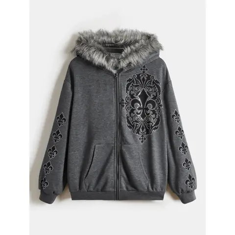 Women's Zip Up Hoodies Graphic Rhinestone Contrast Faux Fur Long Sleeve Sweatshirt Jacket with Pockets