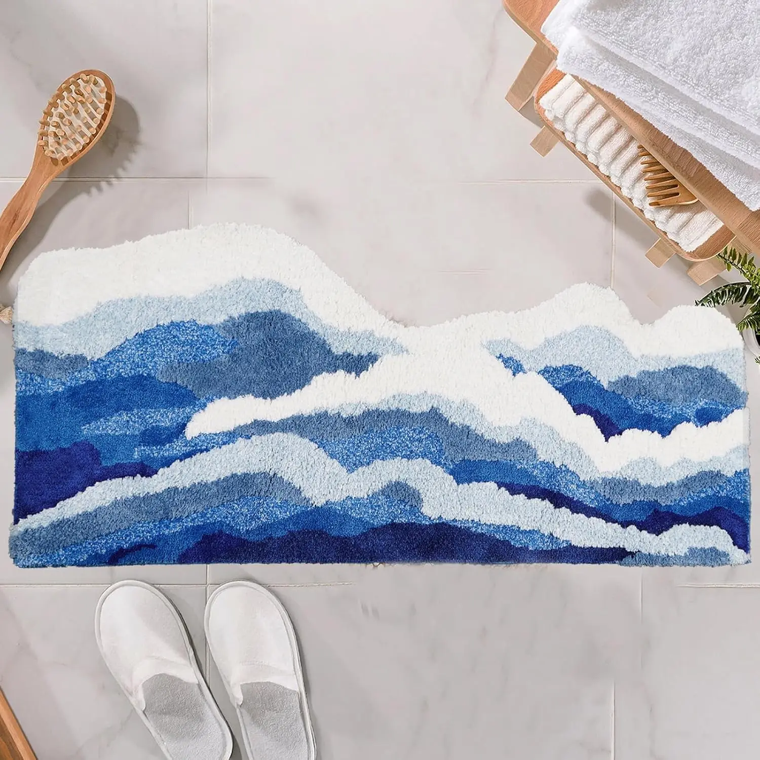Wave  Rug - Wavy Bathroom Carpet, Romantic Blue Bath Mat,  Microfiber with Non-Slip Backing, Washable (32"x20")