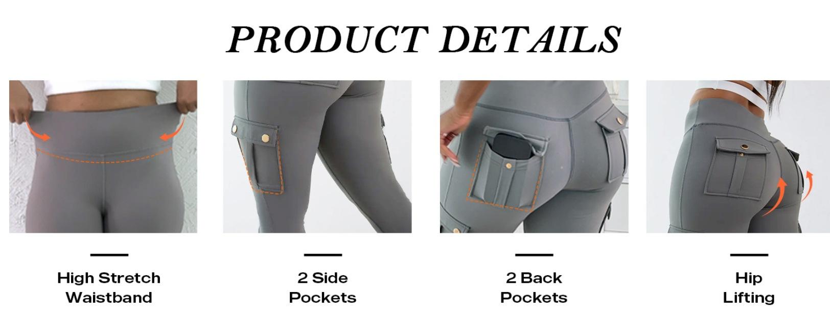 Women Cargo Pocket High Waist Leggings, Stretch Slim Fit Workout Pants, Casual Athletic Running Fitness Trousers