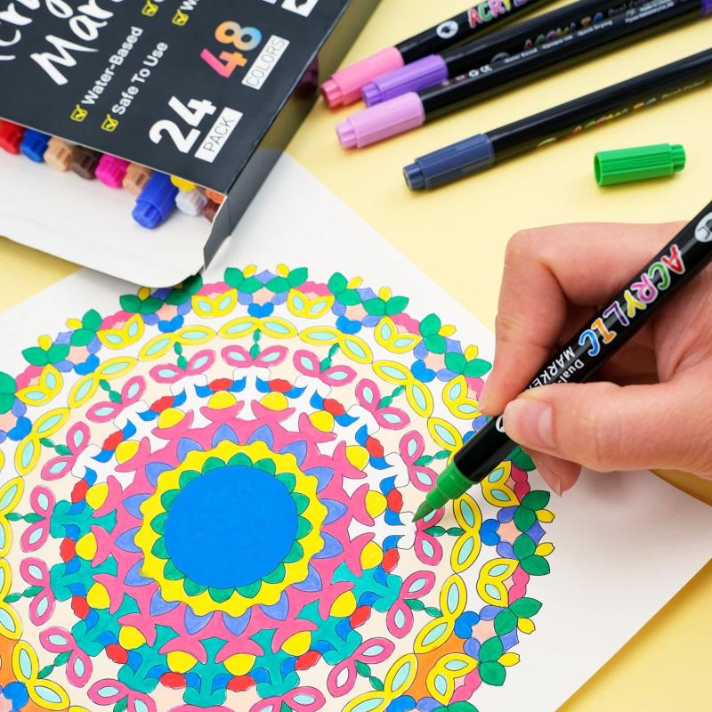 24/48/72/144/240 Colors Acrylic Paint Markers, Dual tips Dual Color Acrylic Paint Pens for Rock Painting, Canvas, Wood, Glass, Ceramic, Fabric, Plastic, Egg & Scrapbook. Soft Brush Tips Paint Pens and Paint Markers Art Materials