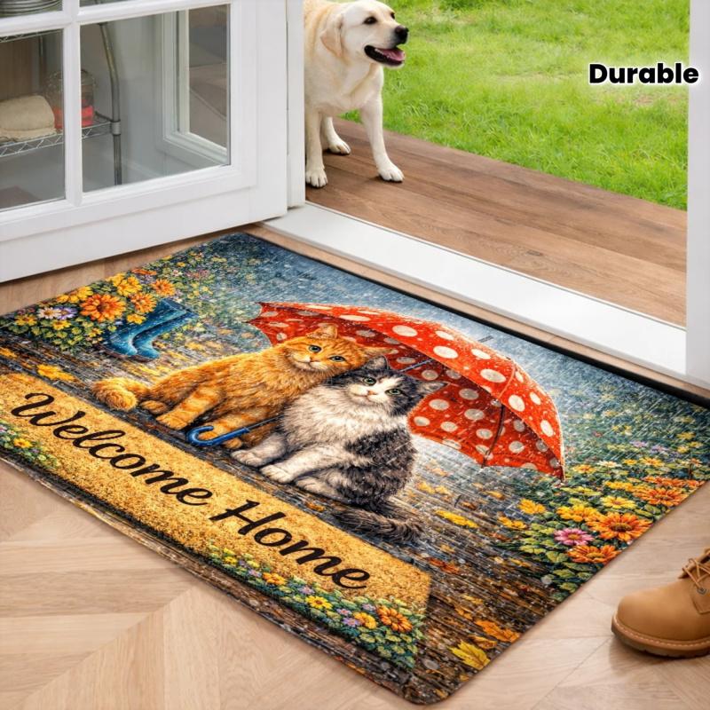 Cute Cats Umbrella Welcome Home Doormat Flannel Mat With Non Slip Rubber Bottom Durable Stain Resistant Machine Washable Multipurpose Rug Perfect For Indoor Outdoor Entry Kitchen Bedroom Bathroom Balcony Corridor Porch Home Decor Non-Slip Stair Treads