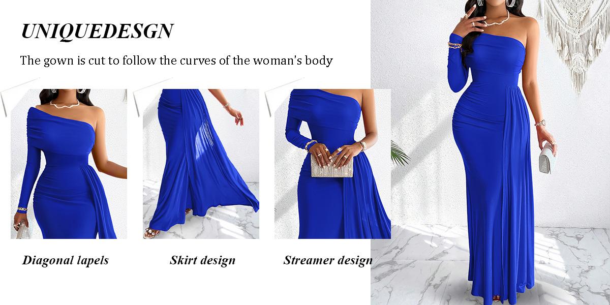 Aliling Women's Elegant Christmas Evening Dress, Asymmetrical One-Shoulder Maxi Gown, High-Waisted Ruched Long Dress, Formal Wear