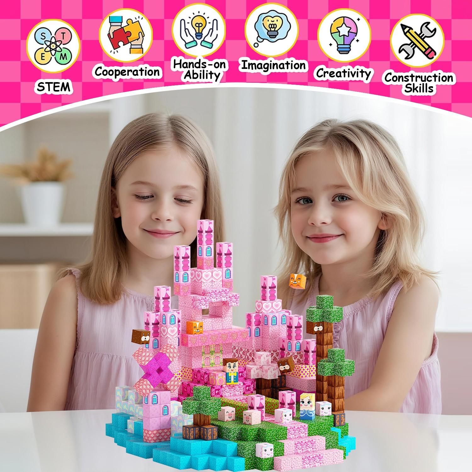 Light Up Magnetic Building Blocks Set 100/150/200 PCS, Pink Princess Castle Theme，Llluminated Magnetic Cubes for Girls & Boys 3+ Years Old, STEM Montessori Sensory Toys for Spatial Reasoning & 3D Construction, Christmas Birthday Gift