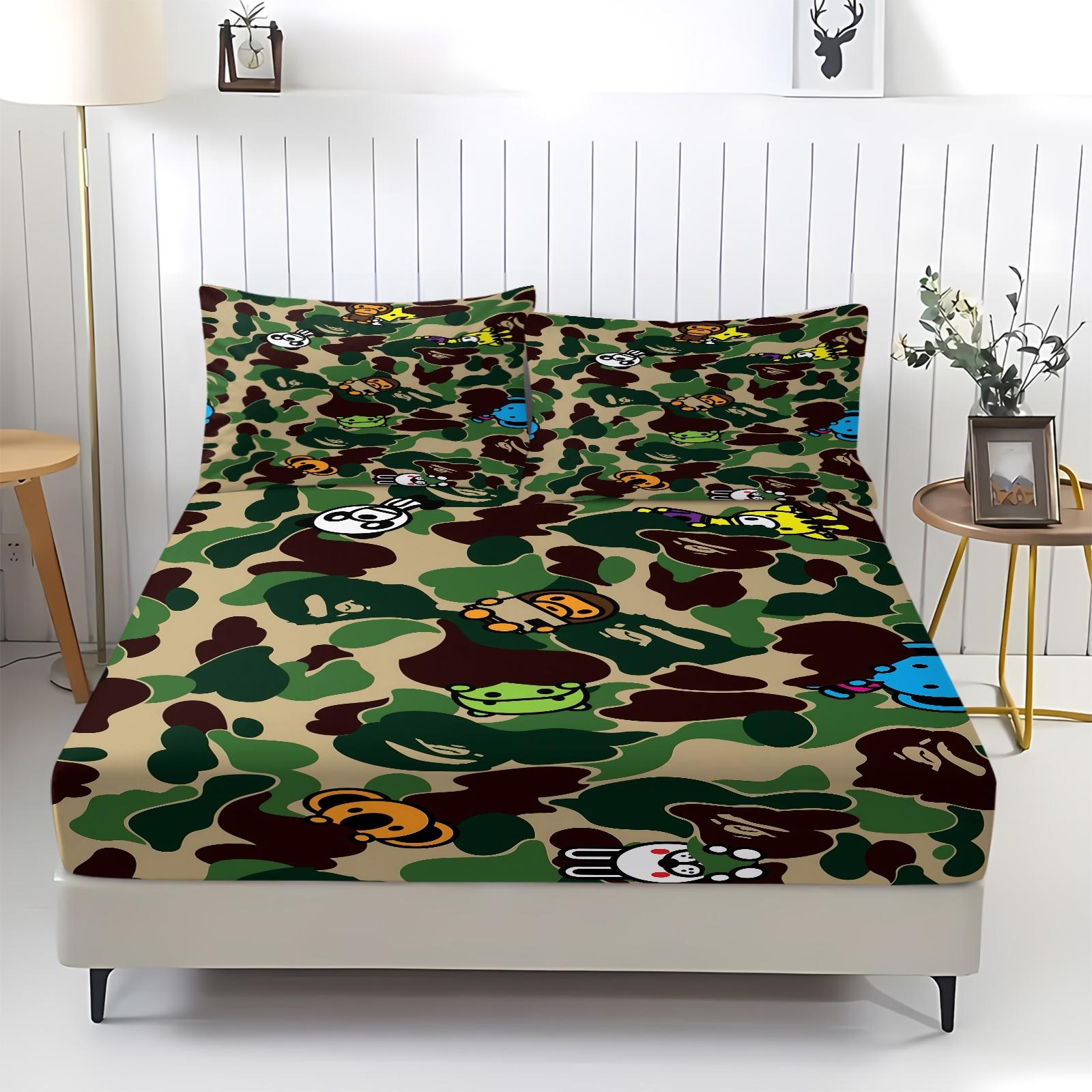 3Pcs Camouflage Cartoon Character Fitted Sheet Set, Playful Military-Inspired Bedding Sheets with Colorful Animals, Durable and Soft Fabric for a Whimsical Bedroom Makeover, Perfect for Kids and Trendy Decor!, No Pillow Core