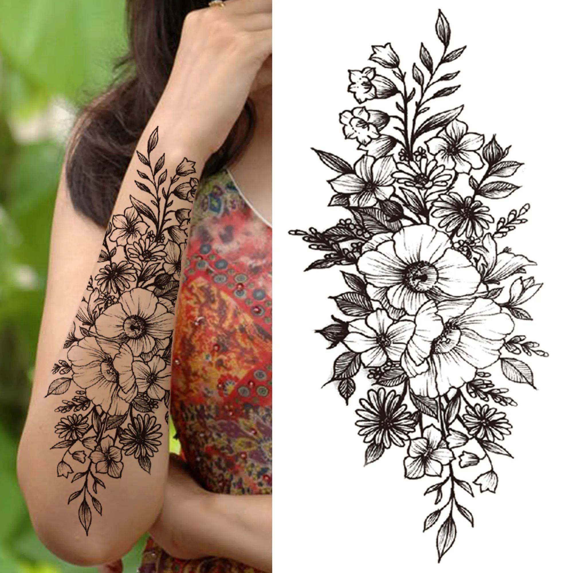 9pcs Death Skull Flower Temporary Tattoo For Women Girls Snake Bird Peony Tattoo Sticker Black Fake Blossom Sexy Tatoo Transfer Adult