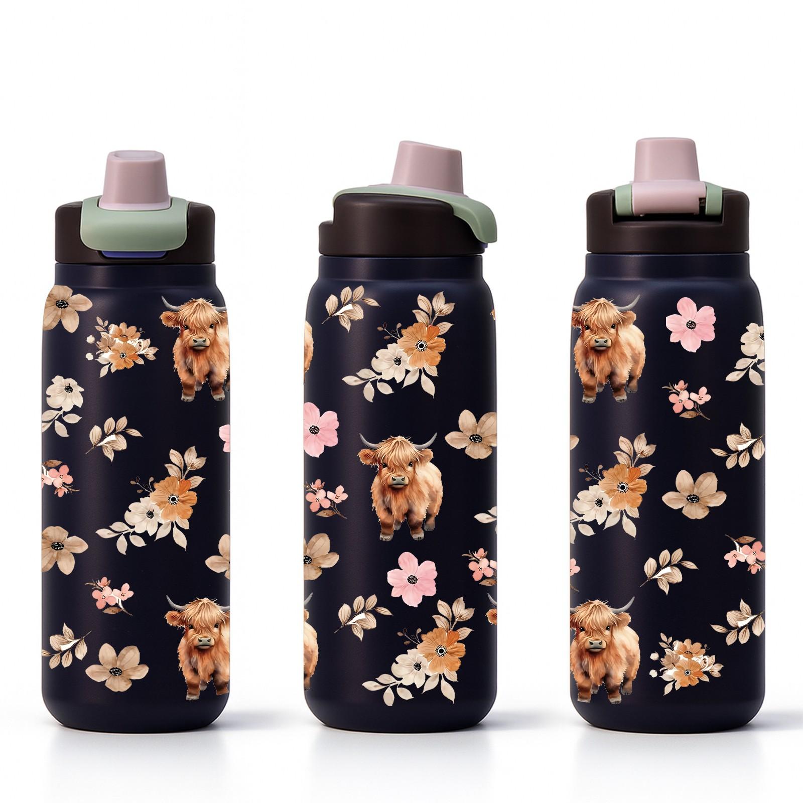 40oz Straw Handle Car Tumbler with Highland Cow Floral Print, Large Capacity Insulated Cup for Car Holder, Easy Sip Straw Lid, Comfortable Handle for Carrying, Keeps Drinks Hot or Cold for Hours, Aesthetic Country Style Design, Perfect for Daily Use, Comm