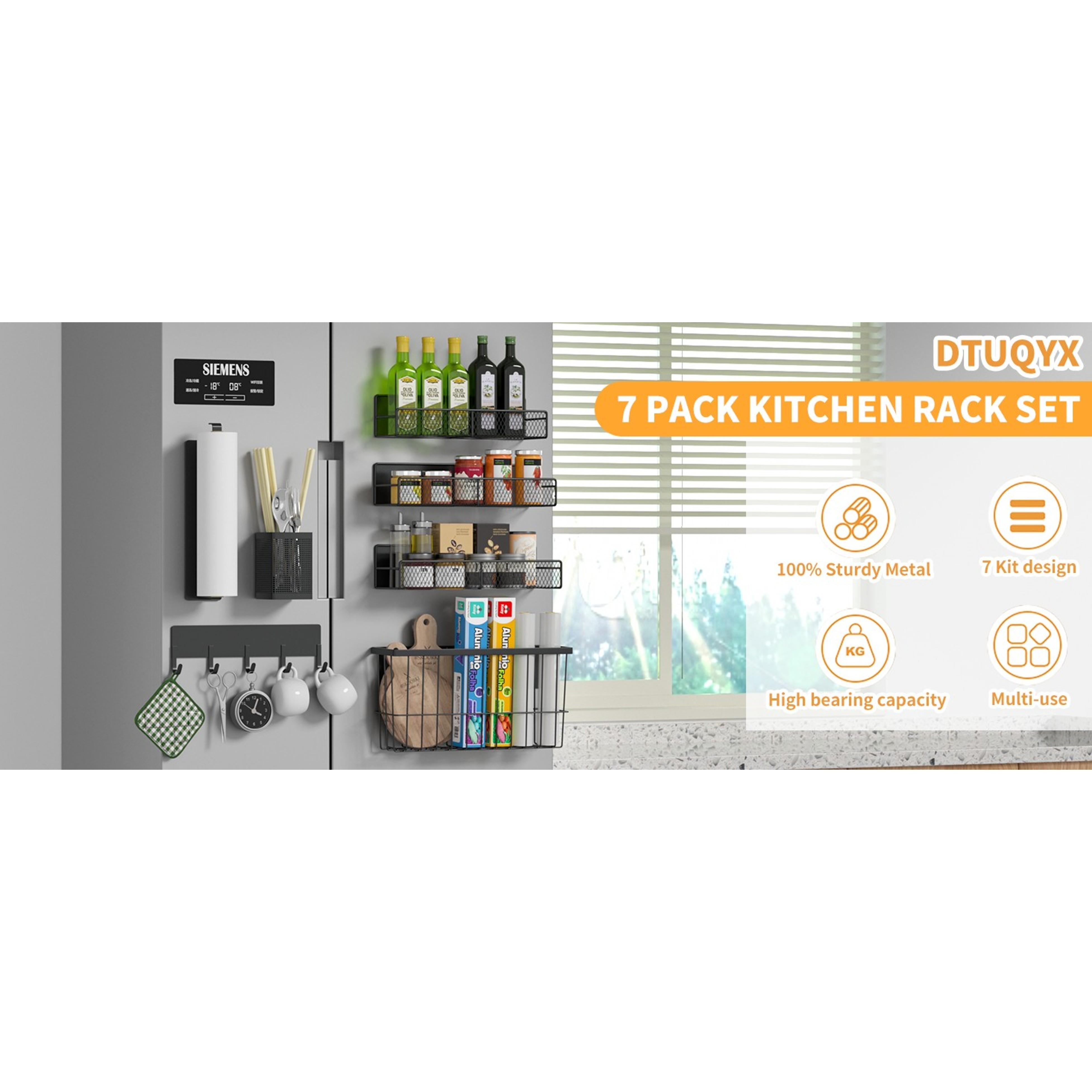 Magnetic Spice Rack for Refrigerator, 7 Pack Metal Magnetic Shelf, Moveable Magnetic Storage Fridge Organizer, Spice Organizer, Hook Rack, Paper Towel Holder, Utensils Holder, Cutting Board Holder
