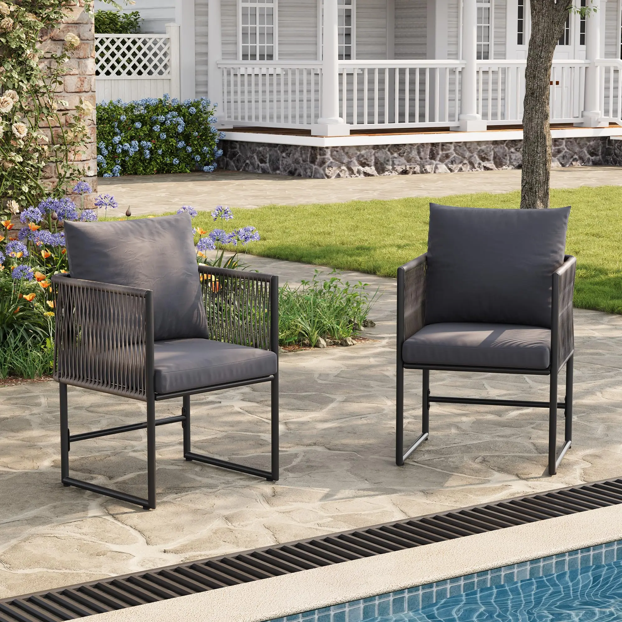 GARVEE PE Rattan Dining Chair Set of 4, Standard Durable Outdoor Chairs with Cushions for Patio Garden Balcony, Black