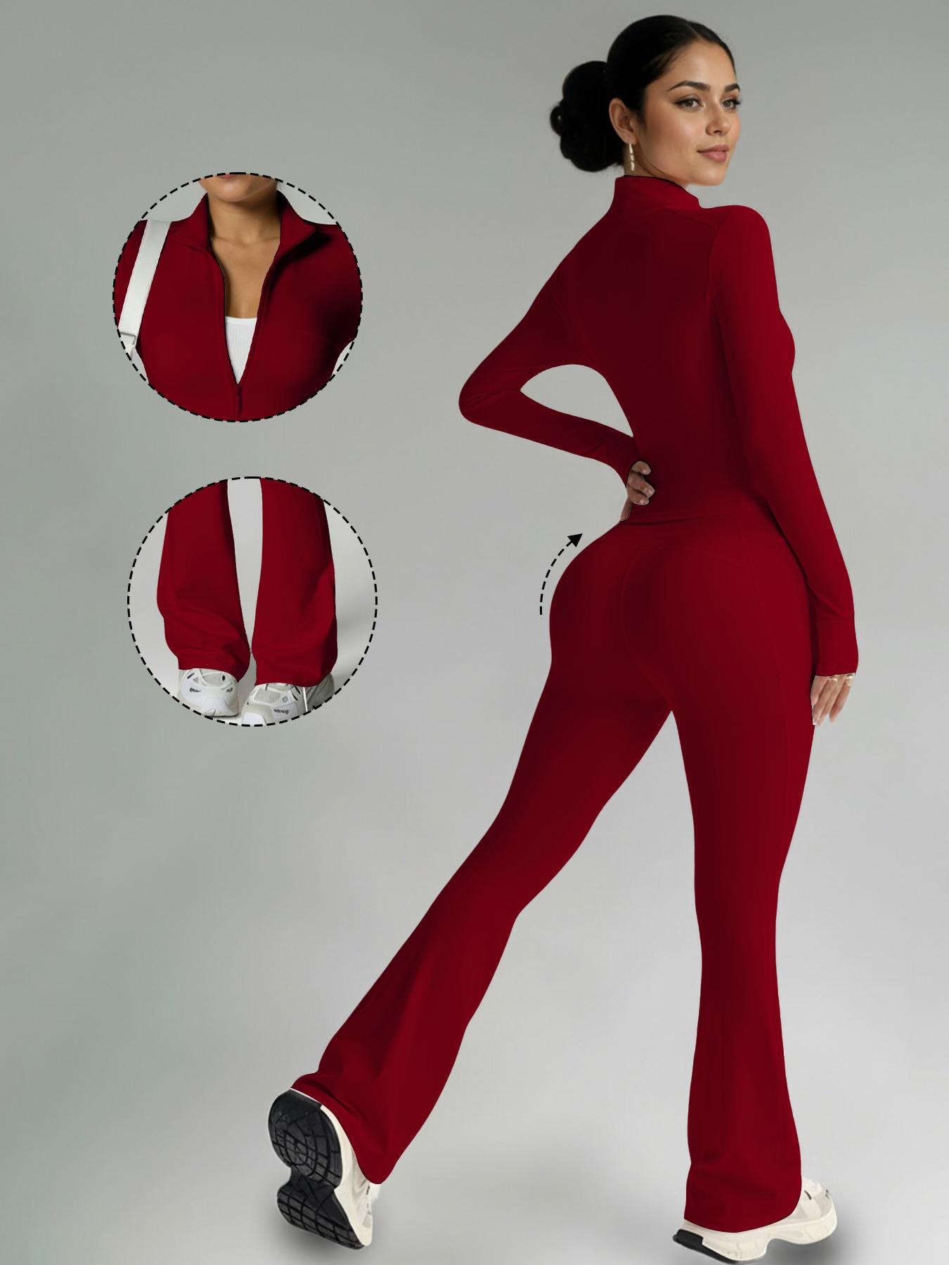 Women's Fashion Two-Piece Set, Slim Fit Long Sleeve Thumb Hole Cuffs, Zipper Front Jacket Style, High Waist Pants, Fall & Winter