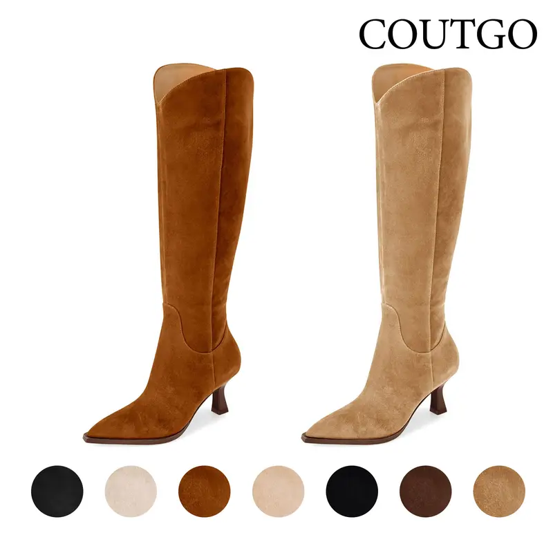 Coutgo Women's Minimalist Breathable Synthetic Rubber Pointed-Toe Wide-Calf Knee-High Kitten Heel Boots with Side Zipper, Casual Shoes for Women with Daily Elegance, Plain All-Season Footwear