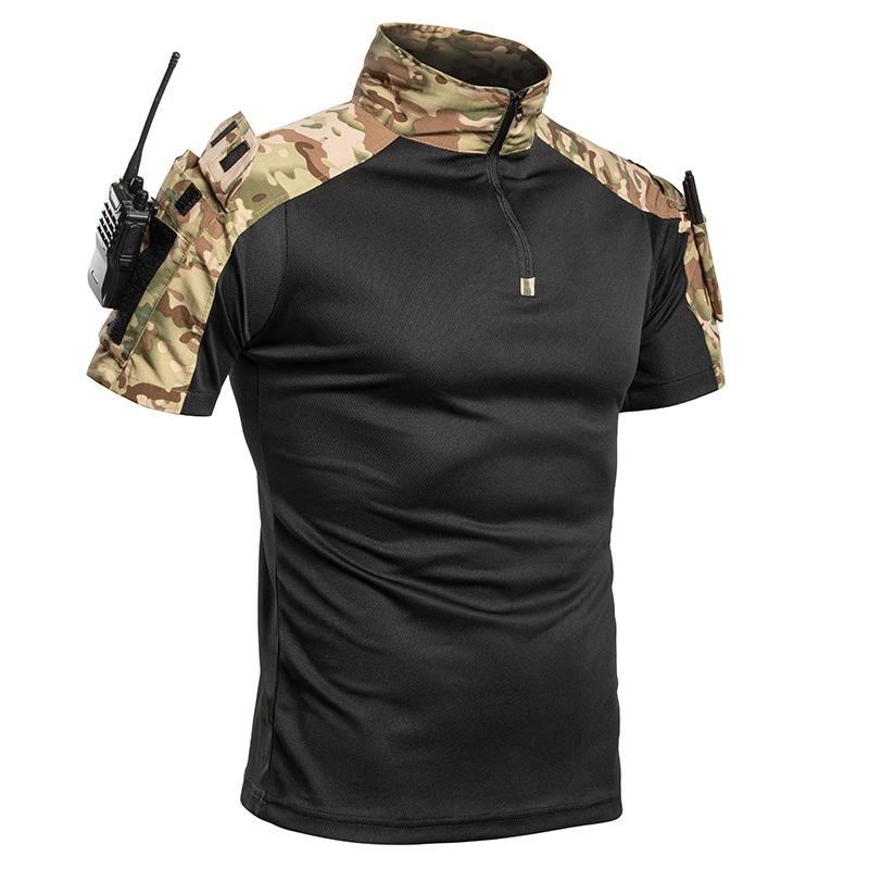 Men's Tactical Short Sleeve T-Shirt, 1/4 Zip Combat Shirt with Arm Pockets, Breathable Quick Dry Military Top for Hiking, Hunting & Outdoor