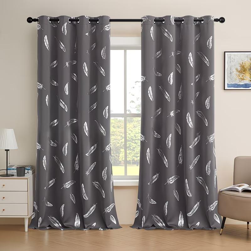 Two elegant feather-patterned decorative digital printed semi-transparent curtains made of polyester, suitable for living rooms and bedrooms, available in various pattern colors