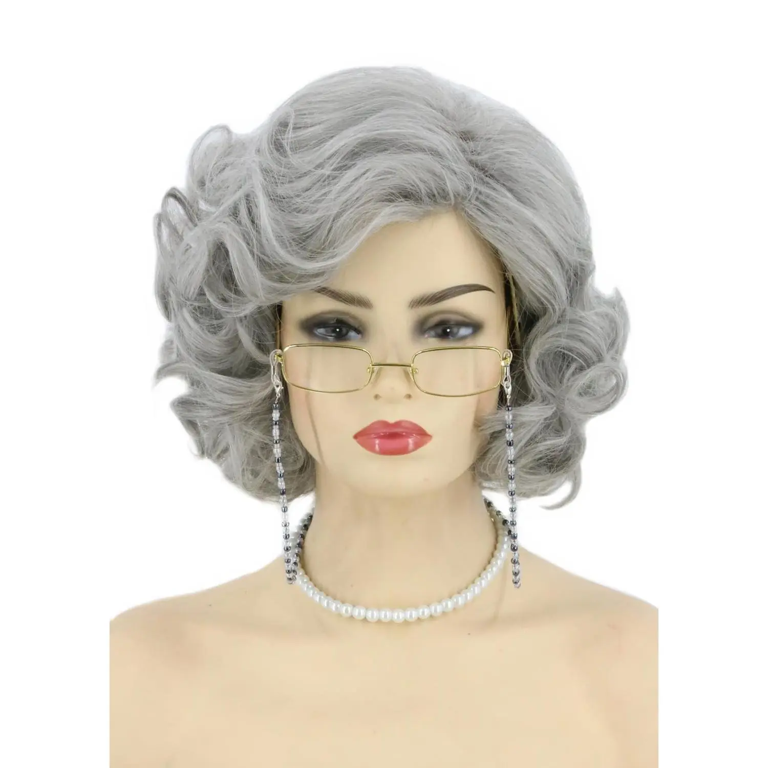 Old Lady Wig and Accessories 5pcs Set - Grey Granny Costume Wig for Halloween Party(Gift)