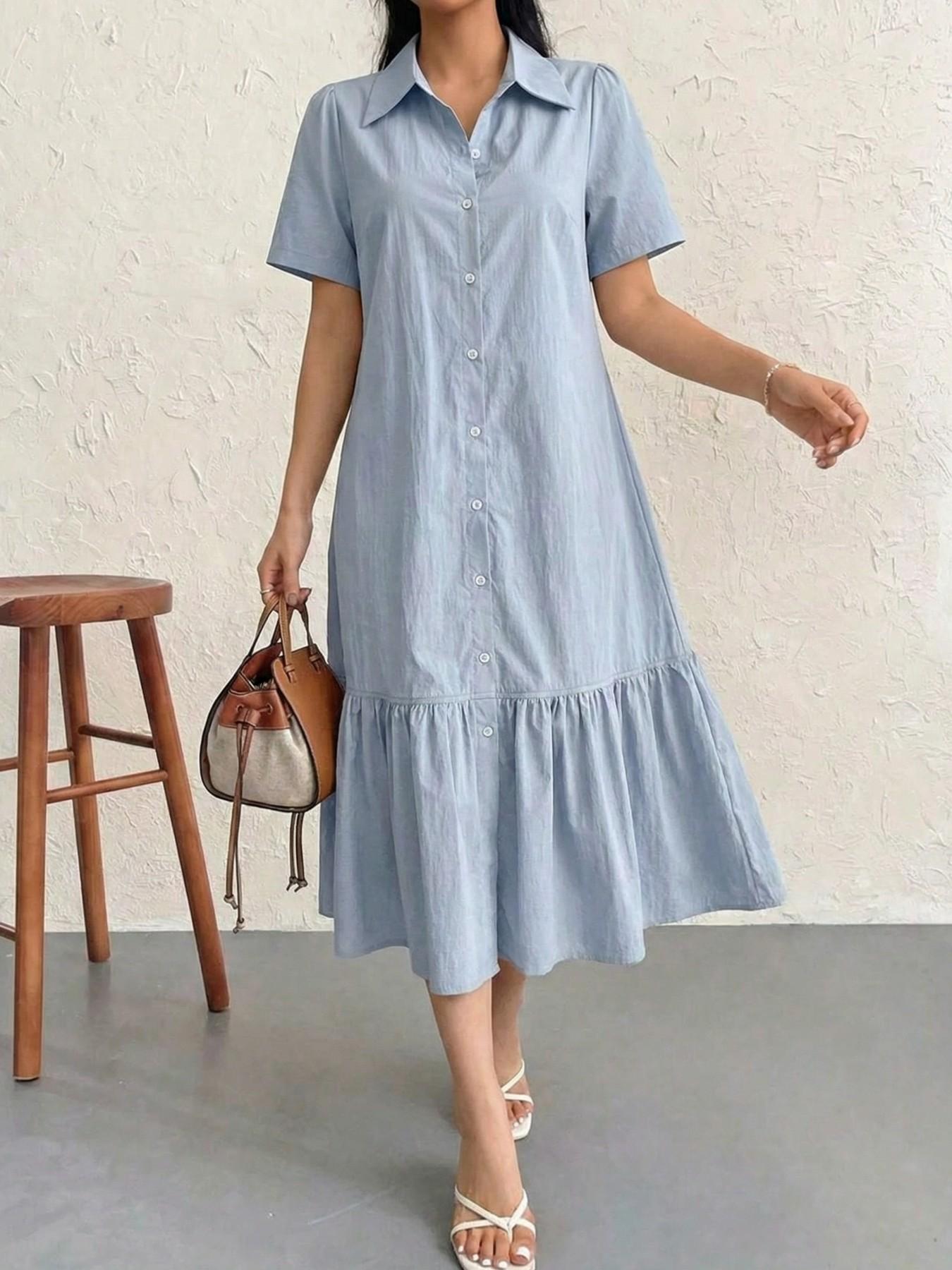 Women's Light Color Short Sleeve Shirt Dress, Single Button Ruffle Split Design, Elegant Summer School Dress, Perfect for Students and Meetings