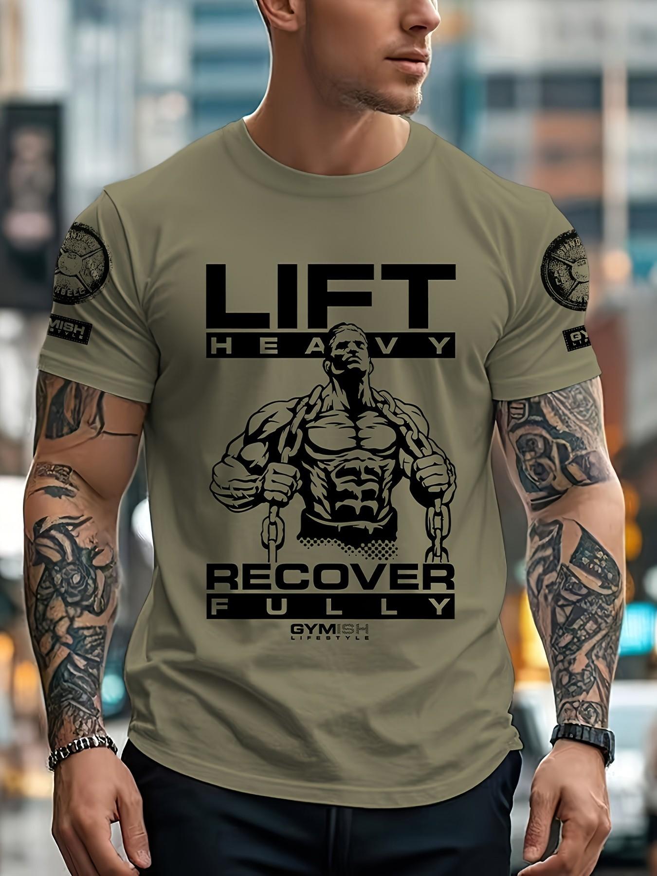 Men's Fitness Short Sleeve T-Shirt, Gym Workout Graphic Top, Weightlifting Recovery Theme Casual Wear, Loose-Fitting Jersey