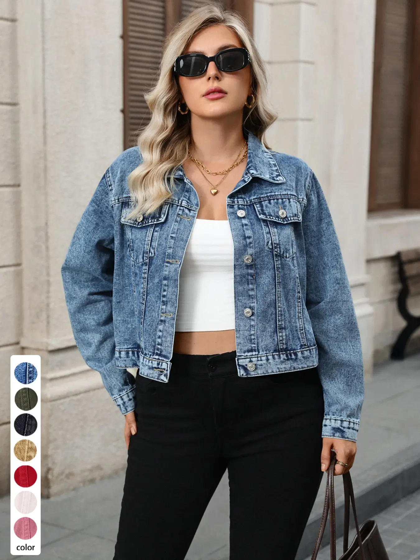 Plus Size Women's Lapel Long Sleeve Short Denim Jacket, Front Button Loose Medium Washed Denim Coat, Casual Streetwear Layering Outerwear