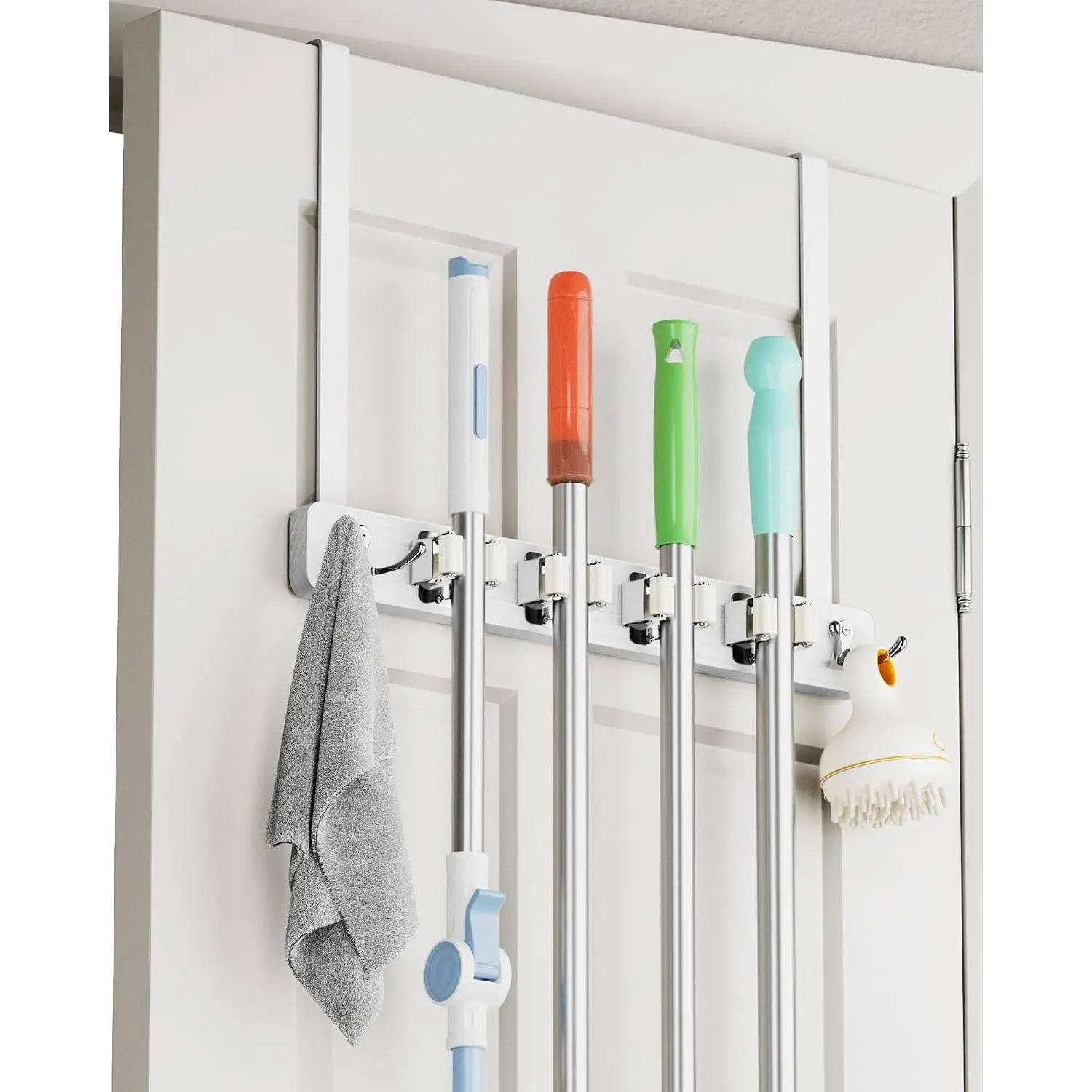 White Wood-Metal Over-the-Door Brooms/Mops Organiser, 4-Slot 4-Hook No-Drilling Hangable Hanger, EVA Door Protection Pads, Secure Grip Slots for Closet, Garage Use