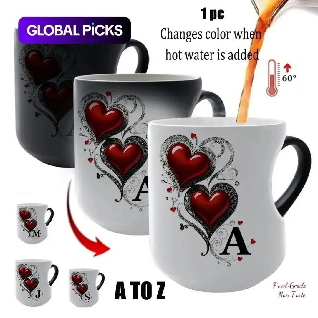A-Z Initial Letters Heart Color Changing Ceramic Mug, Drinking Mug, Magic Heat Reveal Coffee Cup, Romantic Gift for Valentine’s Day & Birthday